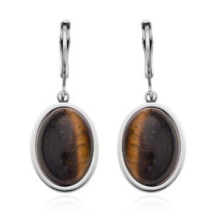 South African Yellow Tiger's Eye Lever Back Earrings in Stainless Steel 10.00 ct